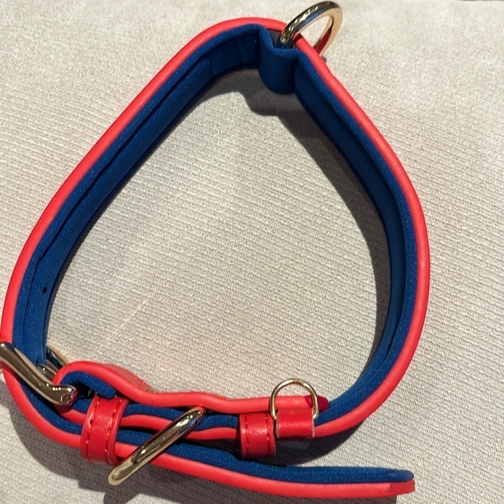 Red leather and blue fabric with gold accessories dog collar